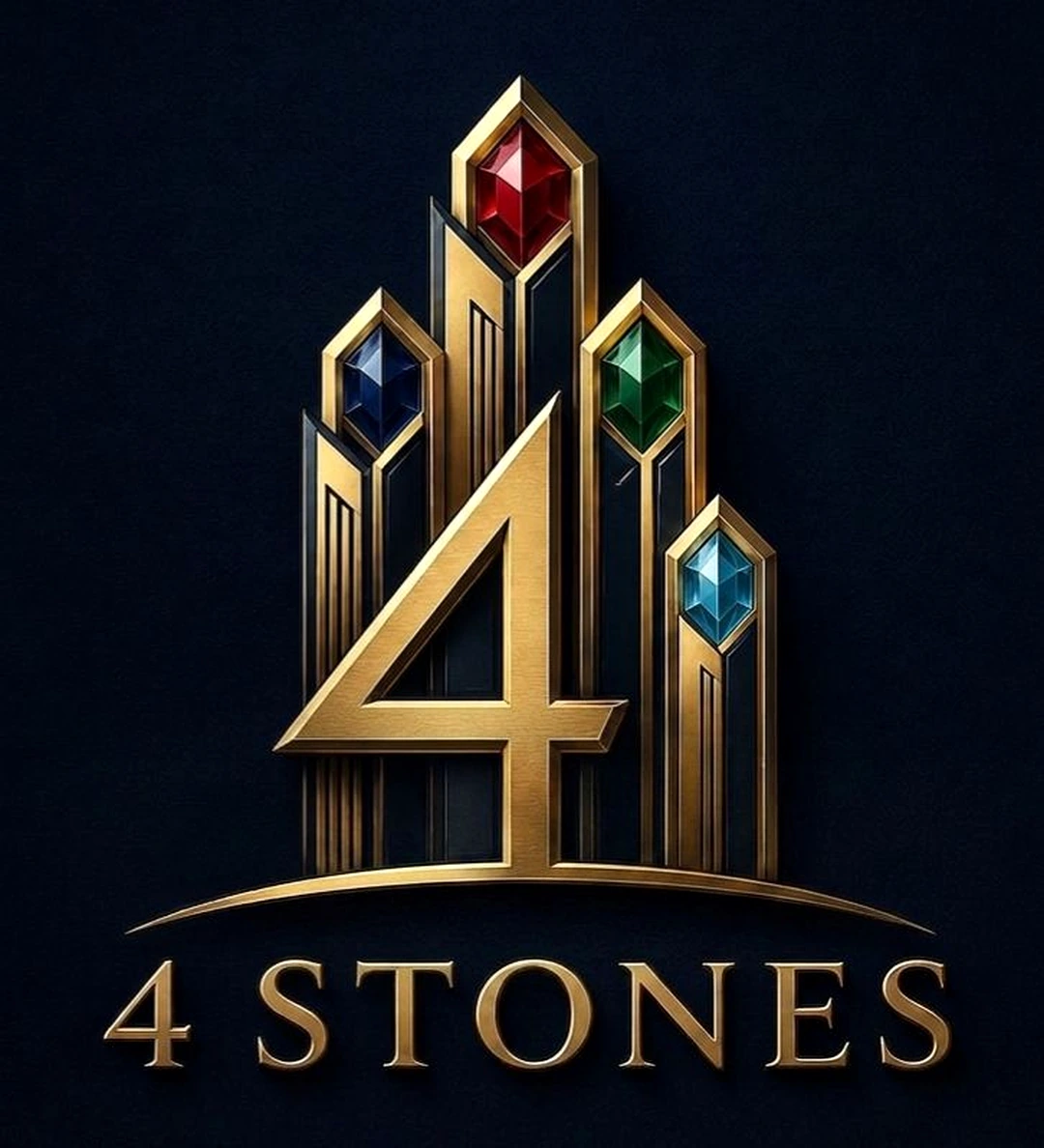 4Stones Corporation gold tower and gemstone logo